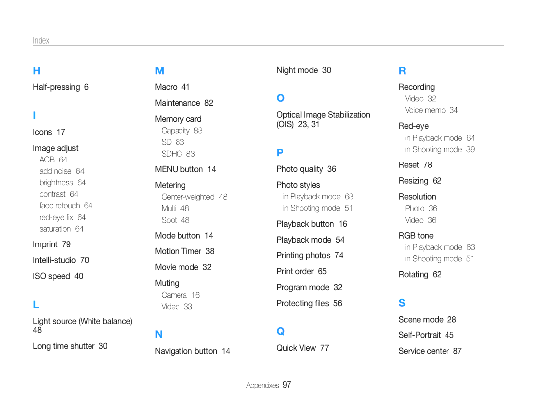 Samsung EC-PL200ZBPSIT, EC-PL200ZBPRE1 manual Index, Center-weighted Multi Spot, Camera Video, Video Voice memo, Photo Video 