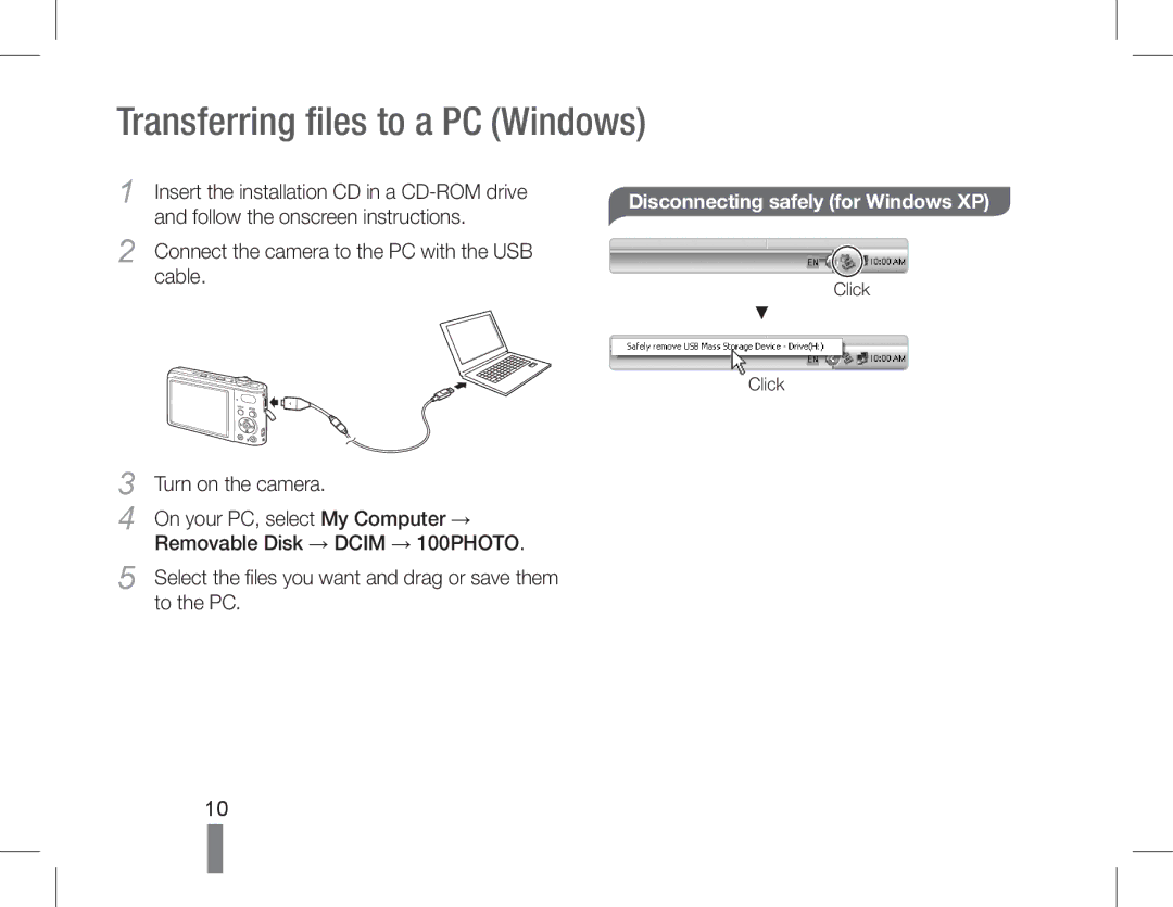 Samsung EC-PL200ZBPBIT manual Disconnecting safely for Windows XP, Connect the camera to the PC with the USB Cable 