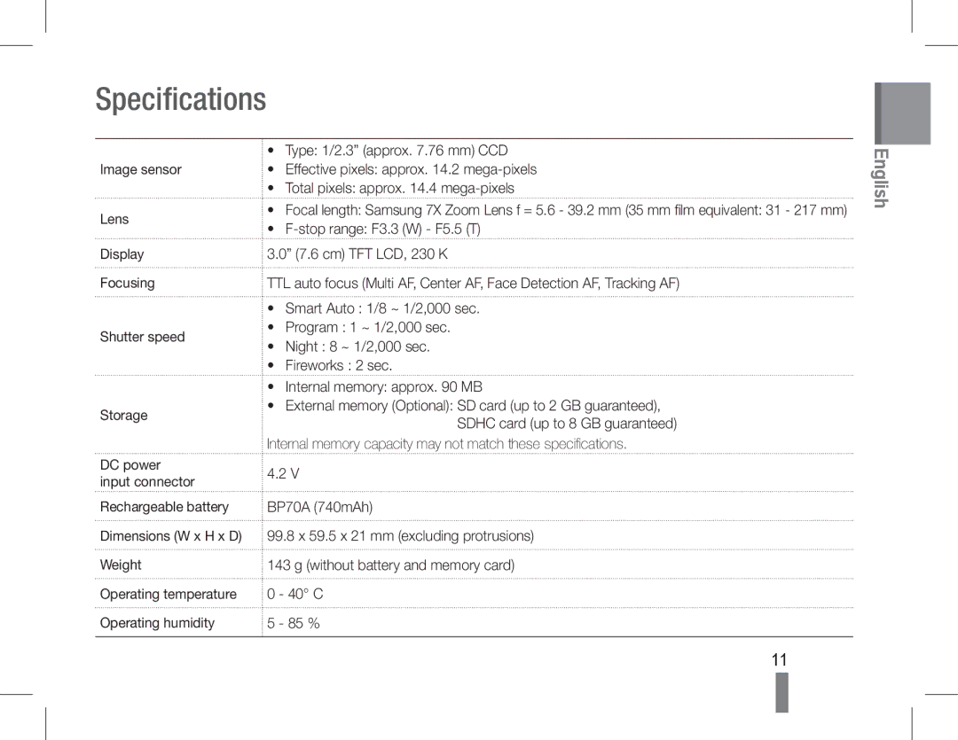 Samsung EC-PL90ZZBAEIT, EC-PL200ZBPRE1, EC-PL90ZZBPRE1, EC-PL90ZZBARE1, EC-PL90ZZBPEE1, EC-PL200ZBPBE1 manual Specifications 