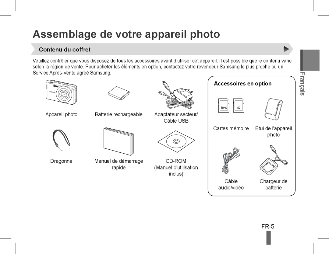 Samsung EC-PL90ZZDPRME, EC-PL200ZBPRE1 Assemblage de votre appareil photo, FR-5, Contenu du coffret, Accessoires en option 