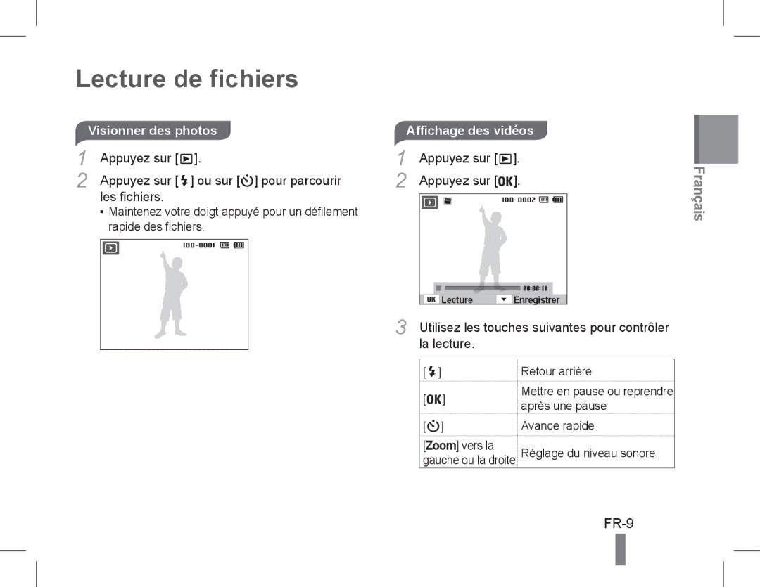 Samsung EC-PL200ZDPBIR manual Lecture de fichiers, FR-9, Appuyez sur Ou sur pour parcourir Les fichiers, La lecture 