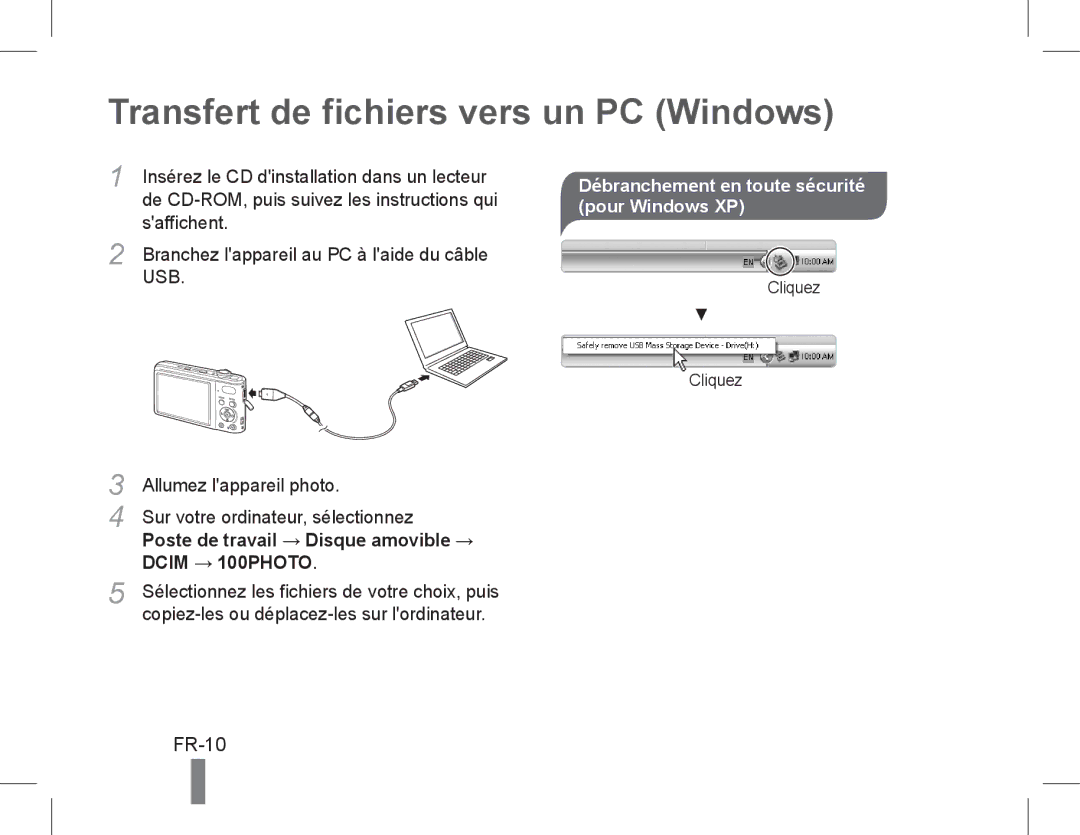 Samsung EC-PL200ZDPRIR manual Transfert de fichiers vers un PC Windows, FR-10, Saffichent, Allumez lappareil photo 