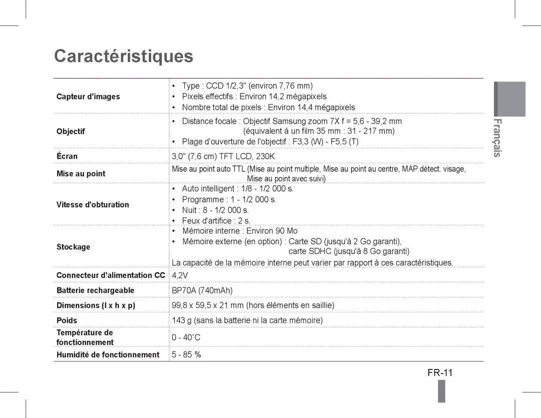 Samsung EC-PL200ZDPRME, EC-PL200ZBPRE1, EC-PL90ZZBPRE1, EC-PL90ZZBARE1, EC-PL90ZZBPEE1, EC-PL200ZBPBE1 Caractéristiques, FR-11 