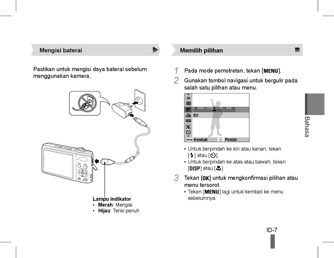 Samsung EC-PL200ZDPBME, EC-PL200ZBPRE1 manual ID-7, Mengisi baterai, Tekan untuk mengkonfirmasi pilihan atau, Menu tersorot 