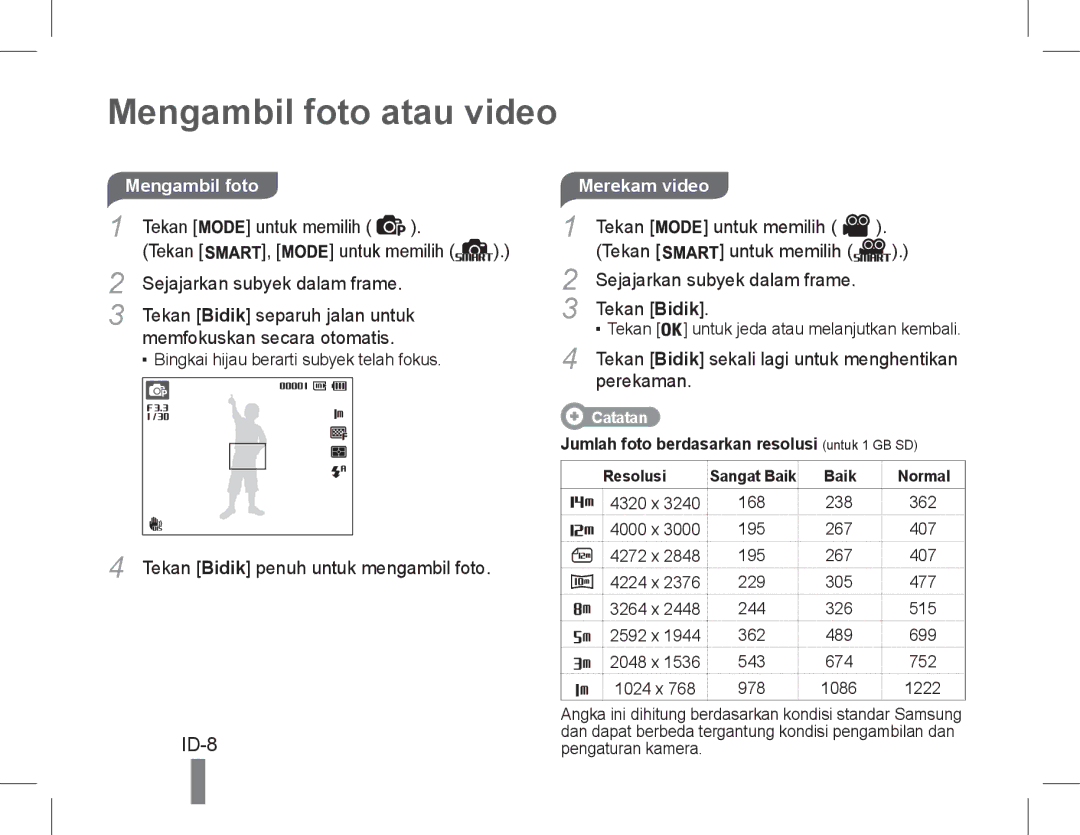 Samsung EC-PL90ZZDAEME, EC-PL200ZBPRE1, EC-PL90ZZBPRE1, EC-PL90ZZBARE1 manual Mengambil foto atau video, ID-8, Merekam video 