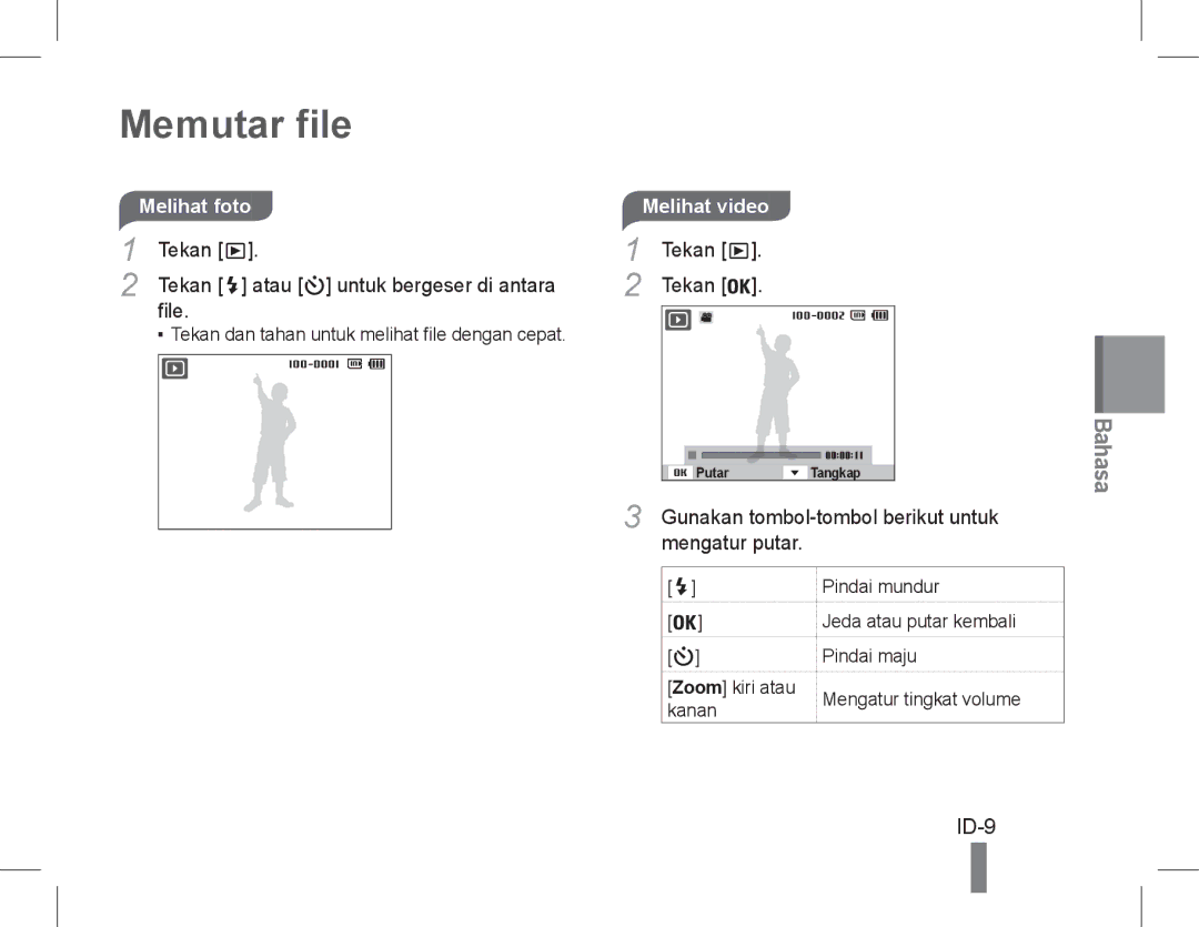 Samsung EC-PL90ZZDPEME, EC-PL200ZBPRE1 manual Memutar file, ID-9, Melihat foto, Tekan Atau untuk bergeser di antara File 