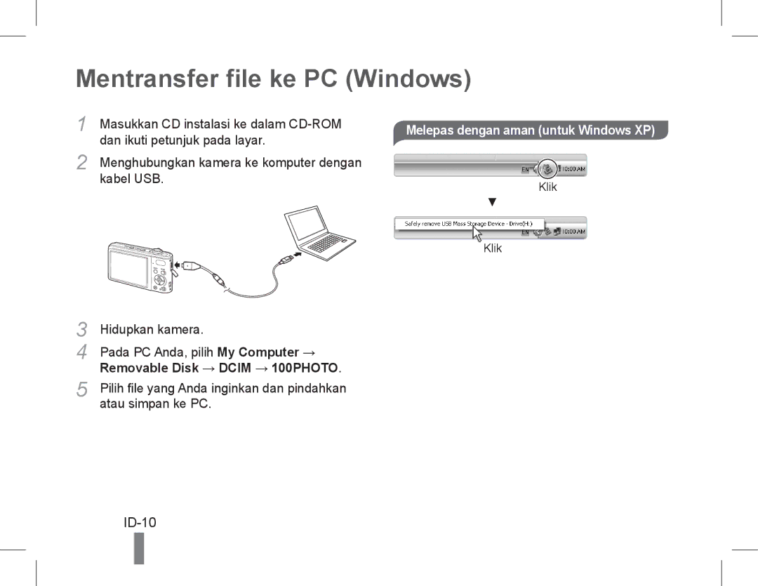 Samsung EC-PL90ZZBPRIL, EC-PL200ZBPRE1 manual Mentransfer file ke PC Windows, ID-10, Melepas dengan aman untuk Windows XP 