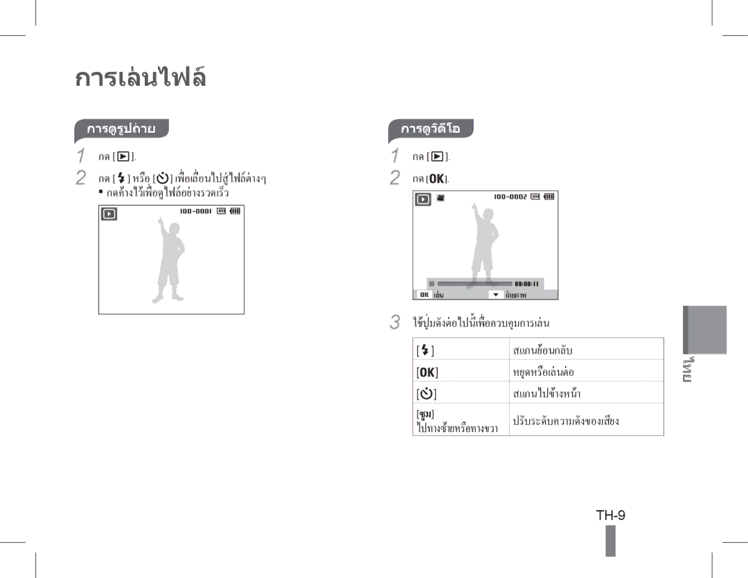 Samsung EC-PL200ZBPRE2, EC-PL200ZBPRE1, EC-PL90ZZBPRE1, EC-PL90ZZBARE1, EC-PL90ZZBPEE1, EC-PL200ZBPBE1 manual การเลนไฟล, TH-9 