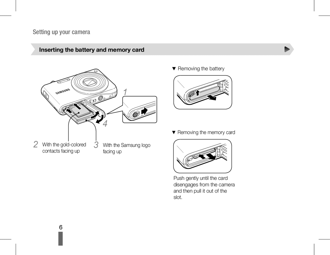 Samsung EC-PL200ZBDBUS, EC-PL200ZBPRE1, EC-PL90ZZBPRE1 manual Setting up your camera, Inserting the battery and memory card 