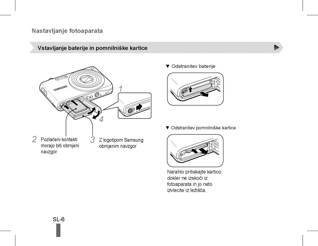 Samsung EC-PL200ZBPBE2, EC-PL200ZBPRE1 manual Nastavljanje fotoaparata, SL-6, Vstavljanje baterije in pomnilniške kartice 