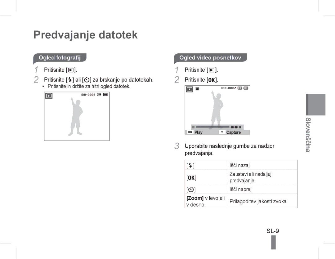 Samsung EC-PL200ZBPRE2, EC-PL200ZBPRE1 manual Predvajanje datotek, SL-9, Ogled fotografijOgled video posnetkov, Predvajanja 