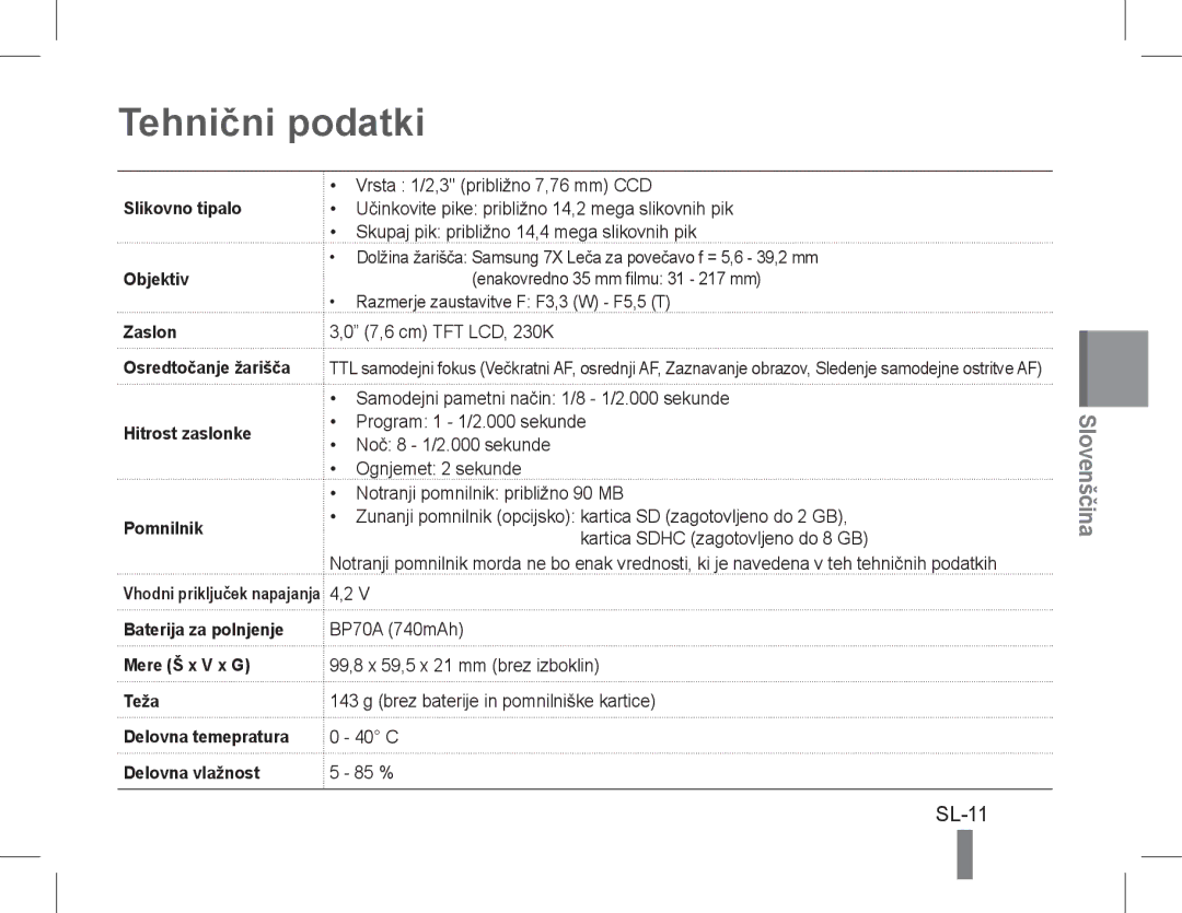 Samsung EC-PL90ZZBPAE2, EC-PL200ZBPRE1, EC-PL90ZZBPRE1 Tehnični podatki, SL-11, Slikovno tipalo, Hitrost zaslonke Pomnilnik 