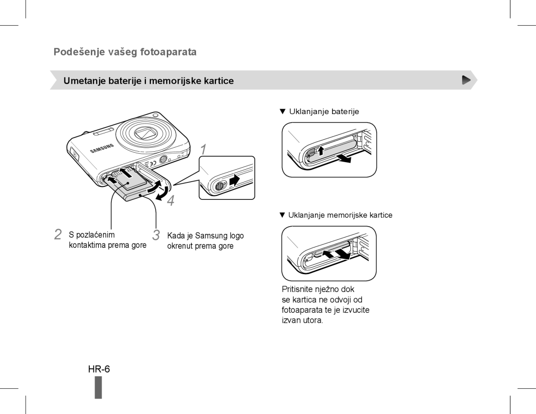 Samsung EC-PL200ZBPBRU, EC-PL200ZBPRE1 manual Podešenje vašeg fotoaparata, HR-6, Umetanje baterije i memorijske kartice 