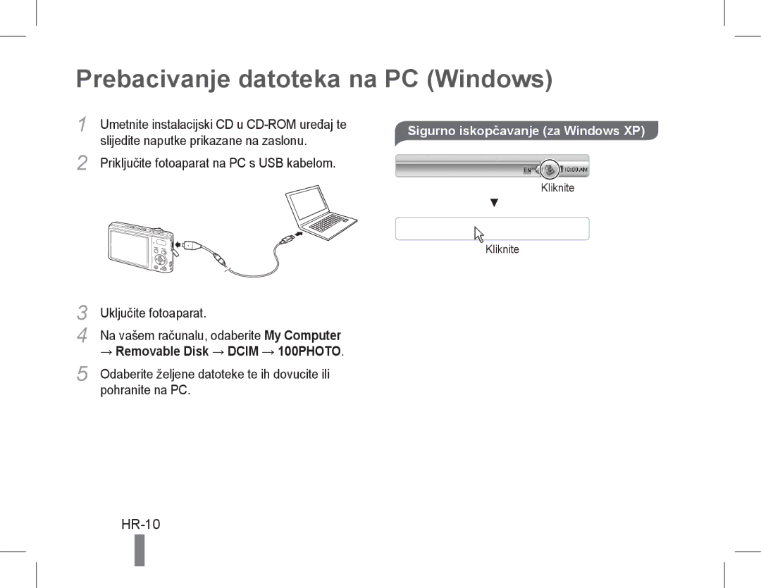 Samsung EC-PL200ZBPRE1, EC-PL90ZZBPRE1 manual Prebacivanje datoteka na PC Windows, HR-10, Sigurno iskopčavanje za Windows XP 