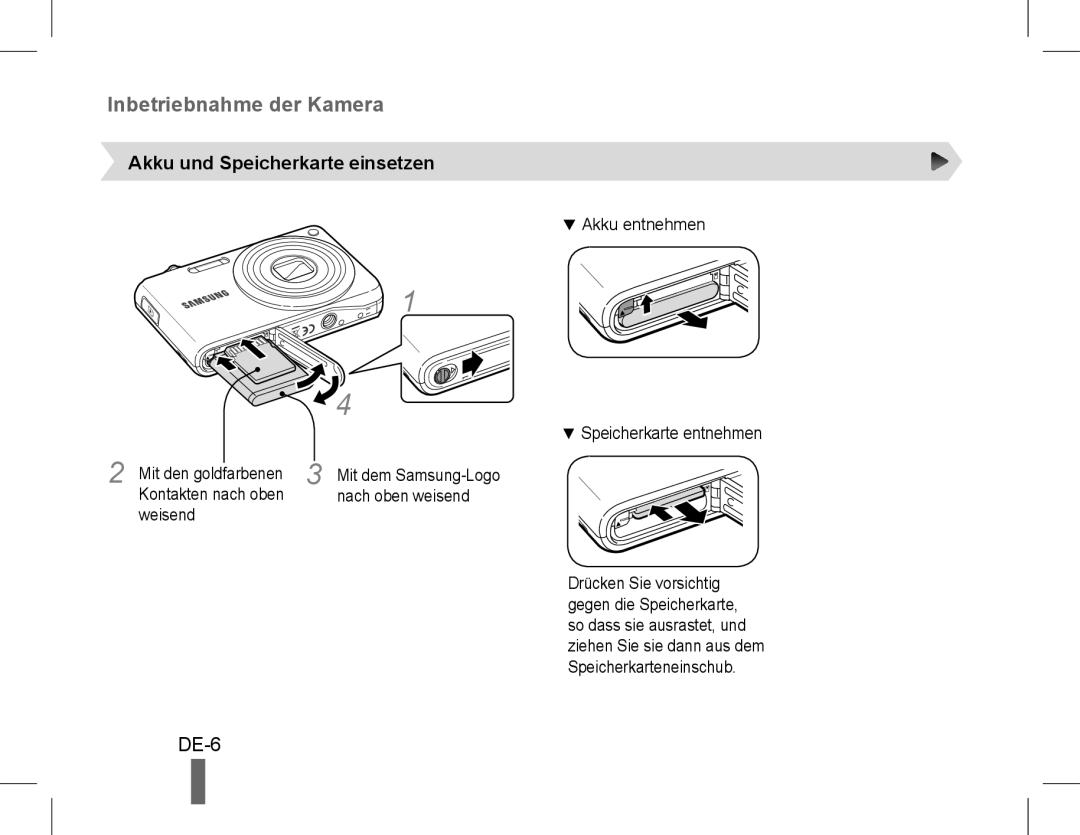 Samsung EC-PL200ZBPRIL manual Inbetriebnahme der Kamera, DE-6, Akku und Speicherkarte einsetzen, Akku entnehmen, Weisend 