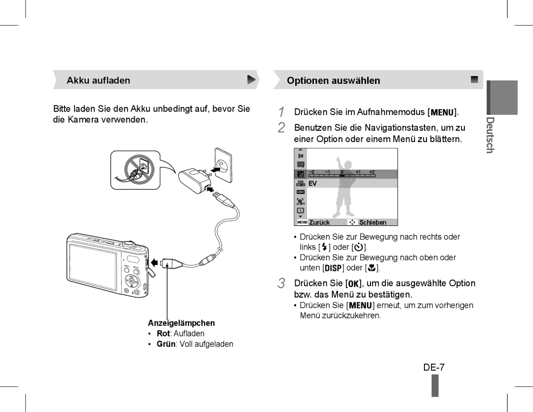 Samsung EC-PL90ZZBPASA, EC-PL200ZBPRE1, EC-PL90ZZBPRE1, EC-PL90ZZBARE1 manual DE-7, Akku aufladen, Optionen auswählen 