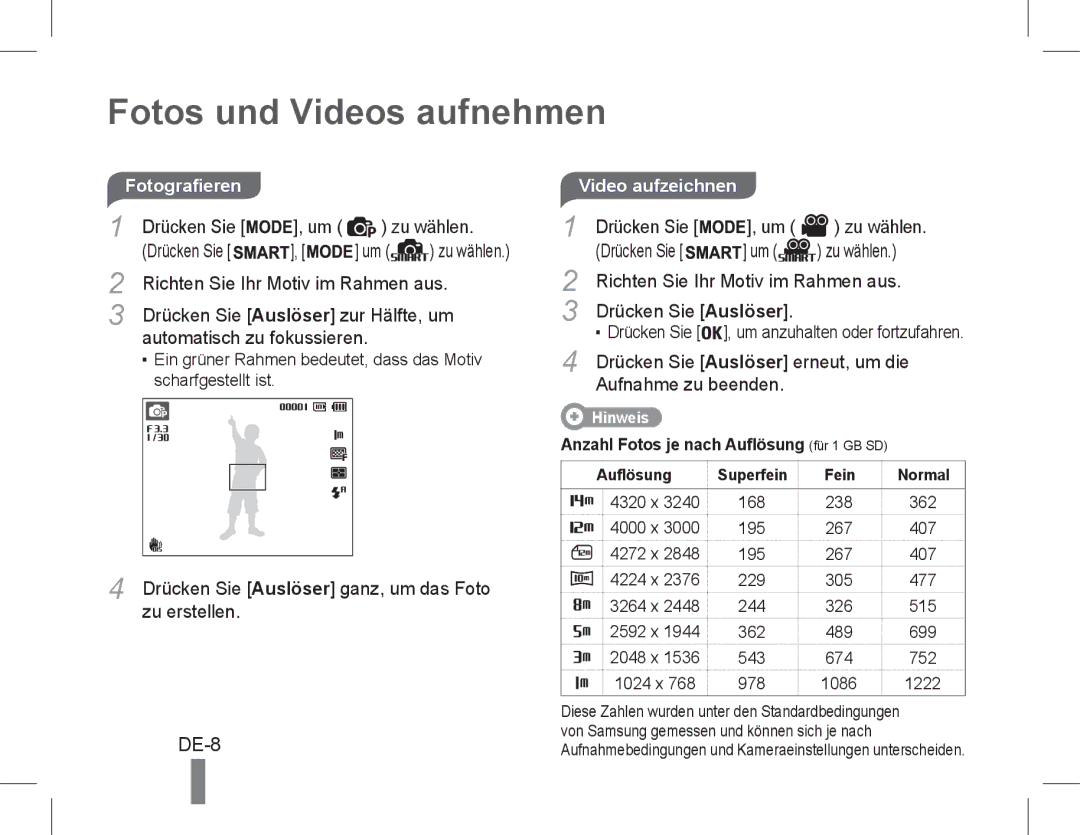 Samsung EC-PL90ZZDAAME, EC-PL200ZBPRE1, EC-PL90ZZBPRE1, EC-PL90ZZBARE1 Fotos und Videos aufnehmen, DE-8, Video aufzeichnen 