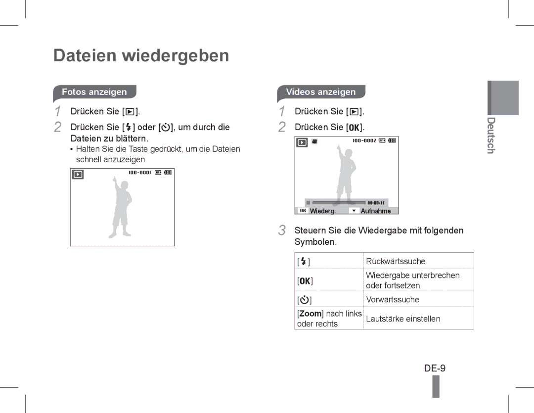 Samsung EC-PL200ZDPBIR, EC-PL200ZBPRE1, EC-PL90ZZBPRE1, EC-PL90ZZBARE1 Dateien wiedergeben, DE-9, Fotos anzeigen, Symbolen 