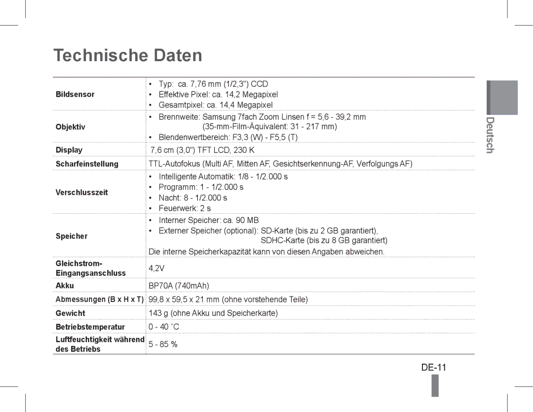 Samsung EC-PL200ZDPRME, EC-PL200ZBPRE1, EC-PL90ZZBPRE1, EC-PL90ZZBARE1, EC-PL90ZZBPEE1, EC-PL200ZBPBE1 Technische Daten, DE-11 