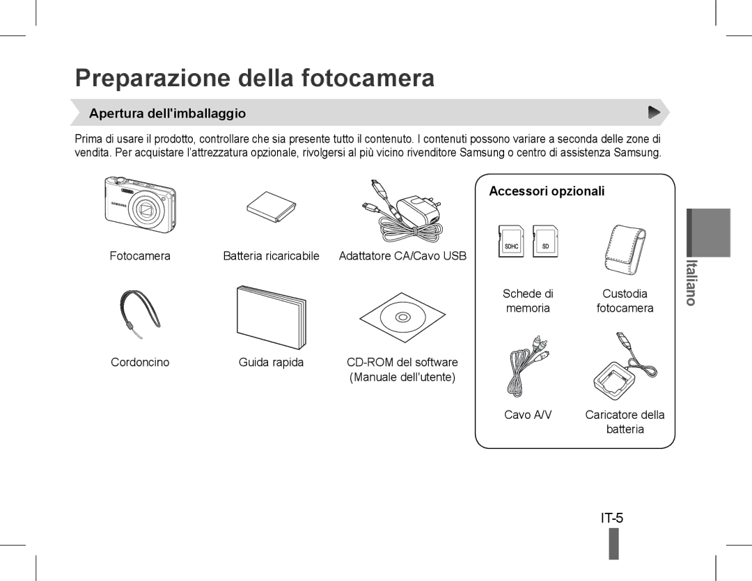 Samsung EC-PL200ZBPSIL, EC-PL200ZBPRE1 Preparazione della fotocamera, IT-5, Apertura dellimballaggio, Accessori opzionali 