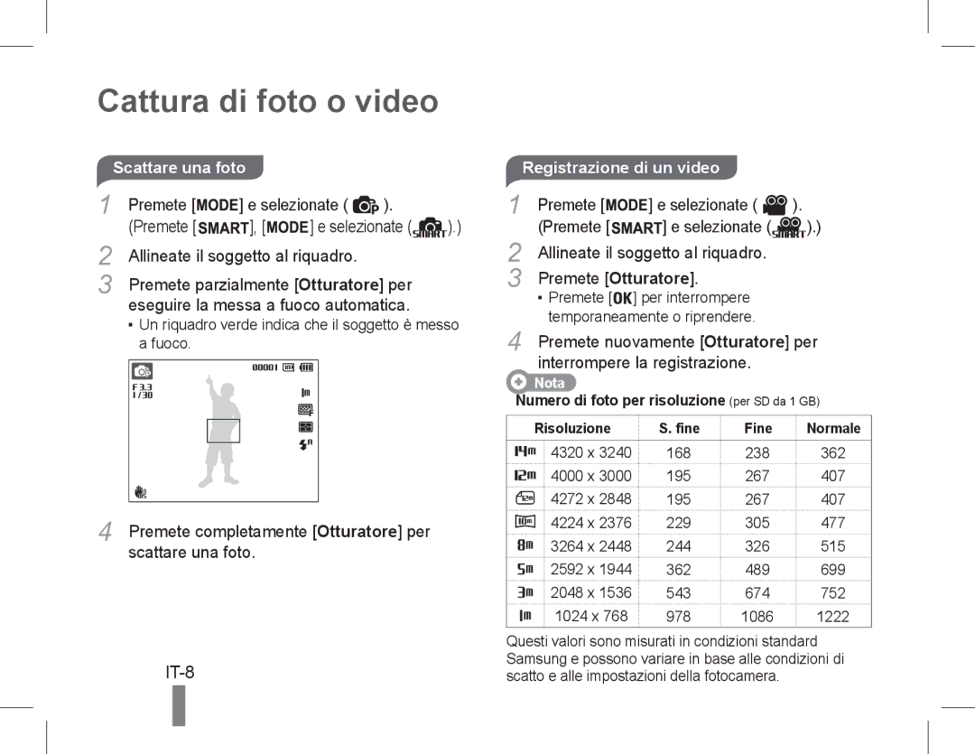 Samsung EC-PL90ZZDAEME, EC-PL200ZBPRE1, EC-PL90ZZBPRE1 manual Cattura di foto o video, IT-8, Registrazione di un video 