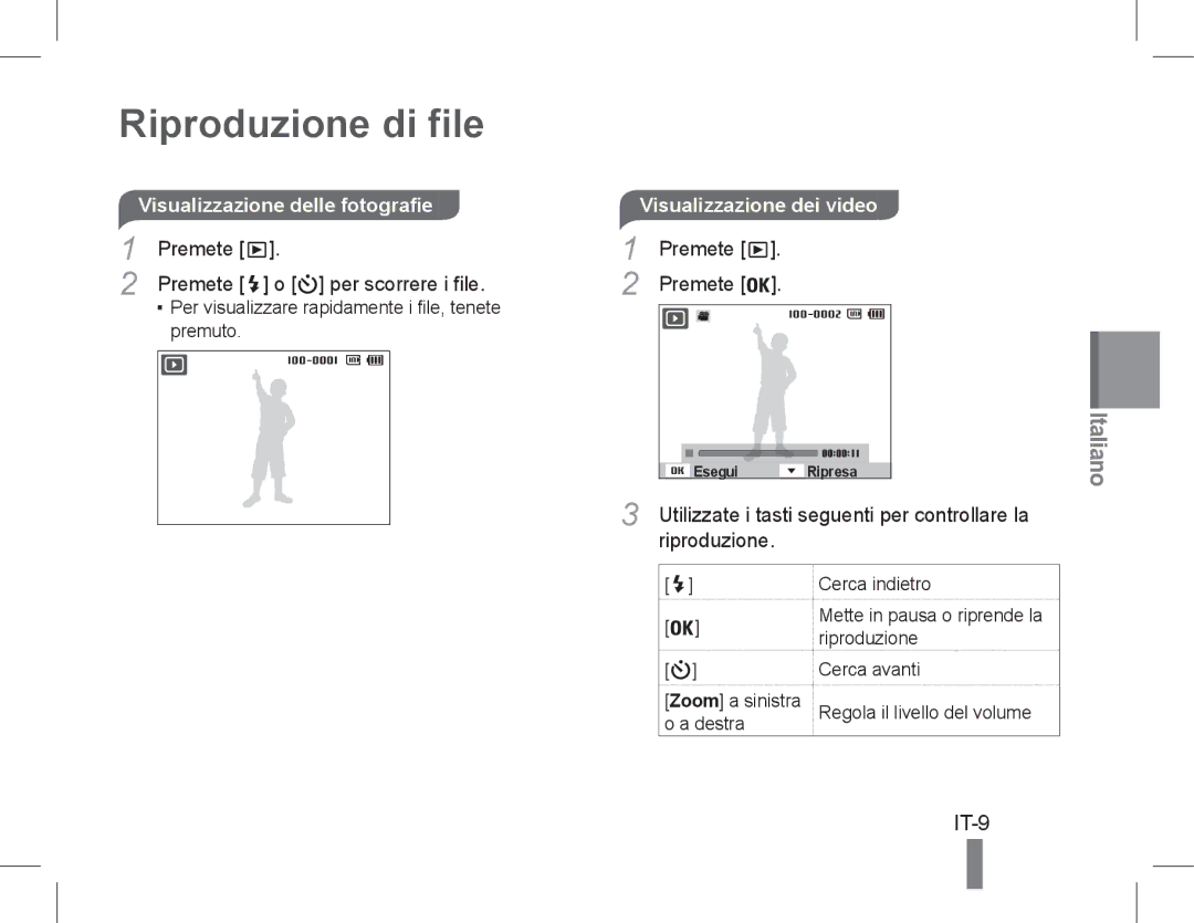 Samsung EC-PL90ZZDPEME manual Riproduzione di file, IT-9, Visualizzazione delle fotografie, Premete Per scorrere i file 