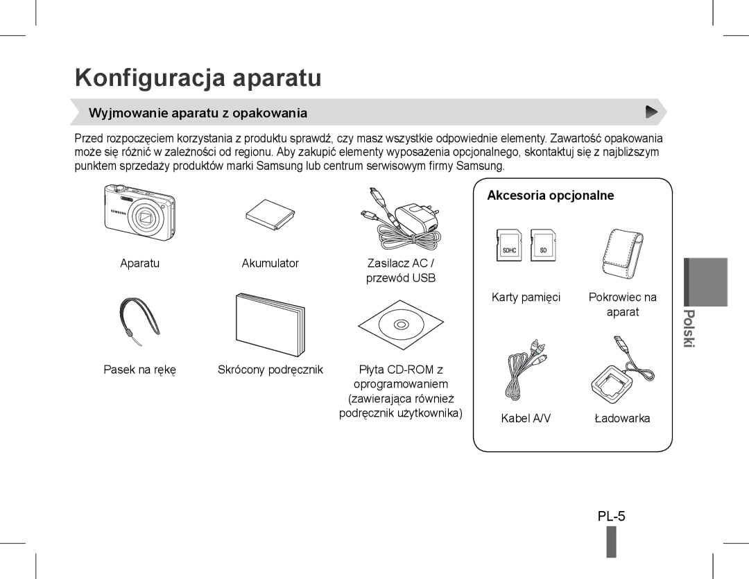 Samsung EC-PL90ZZBDRVN manual Konfiguracja aparatu, Polski, PL-5, Wyjmowanie aparatu z opakowania, Akcesoria opcjonalne 