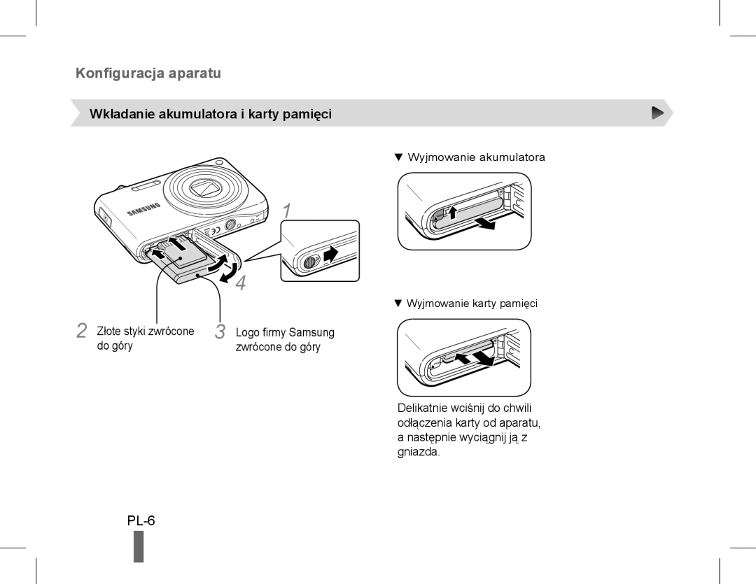 Samsung EC-PL90ZZBAEE3, EC-PL200ZBPRE1, EC-PL90ZZBPRE1 Konfiguracja aparatu, PL-6, Wkładanie akumulatora i karty pamięci 