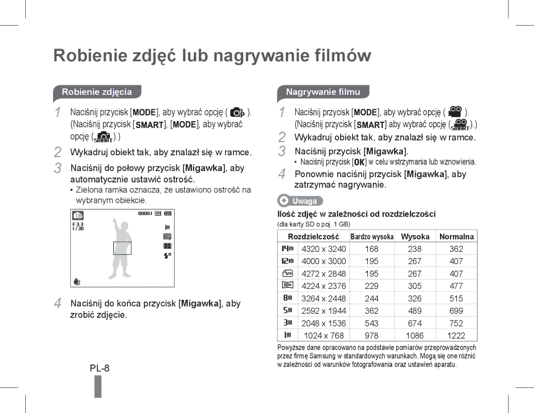 Samsung EC-PL200ZBPRE3, EC-PL200ZBPRE1, EC-PL90ZZBPRE1, EC-PL90ZZBARE1 manual Robienie zdjęć lub nagrywanie filmów, PL-8 