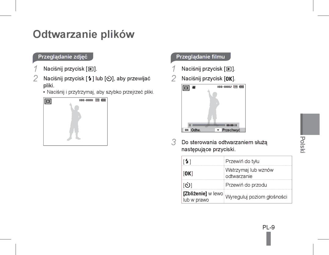 Samsung EC-PL90ZZBAAE3, EC-PL200ZBPRE1, EC-PL90ZZBPRE1, EC-PL90ZZBARE1 manual Odtwarzanie plików, PL-9, Przeglądanie filmu 