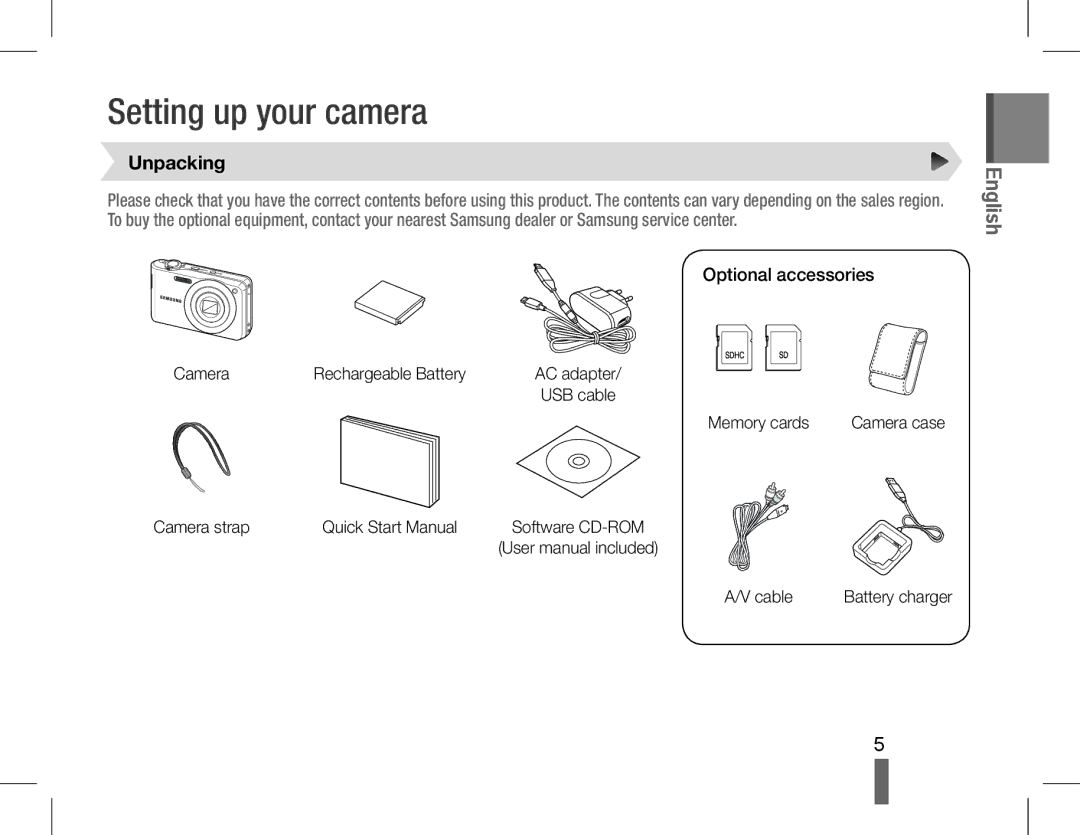 Samsung EC-PL90ZZBPAE1, EC-PL200ZBPRE1, EC-PL90ZZBPRE1, EC-PL90ZZBARE1, EC-PL90ZZBPEE1 manual Unpacking, Optional accessories 