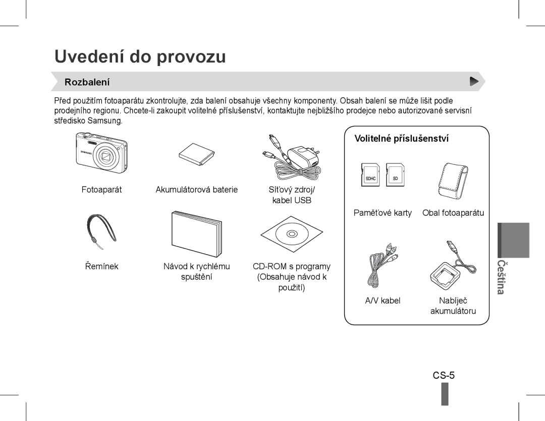 Samsung EC-PL200ZBPSE2, EC-PL200ZBPRE1, EC-PL90ZZBPRE1 manual Uvedení do provozu, CS-5, Rozbalení, Volitelné příslušenství 