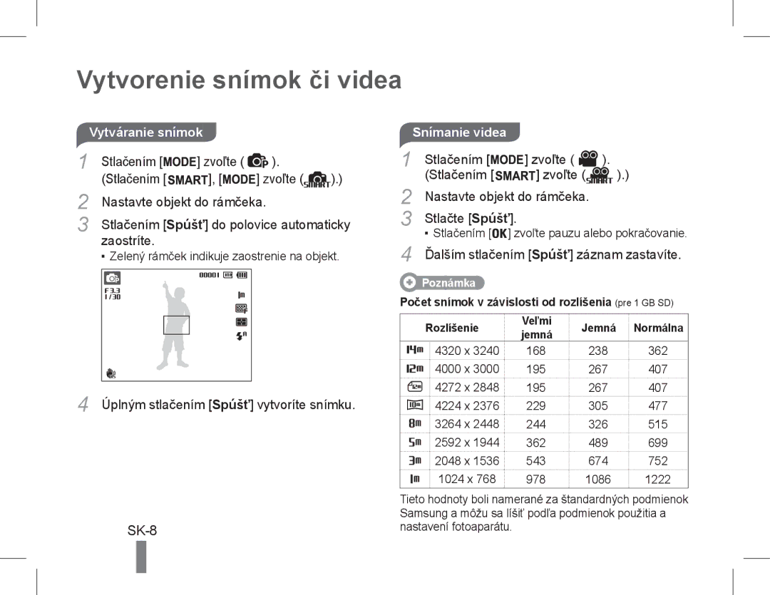 Samsung EC-PL90ZZBPRRU, EC-PL200ZBPRE1, EC-PL90ZZBPRE1, EC-PL90ZZBARE1 manual Vytvorenie snímok či videa, SK-8, Snímanie videa 