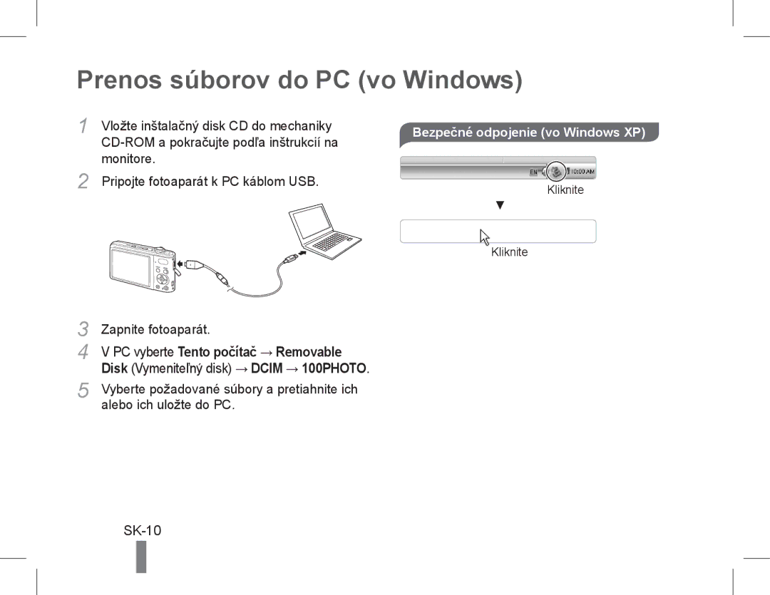 Samsung EC-PL200ZBPRE1, EC-PL90ZZBPRE1 manual Prenos súborov do PC vo Windows, SK-10, Bezpečné odpojenie vo Windows XP 