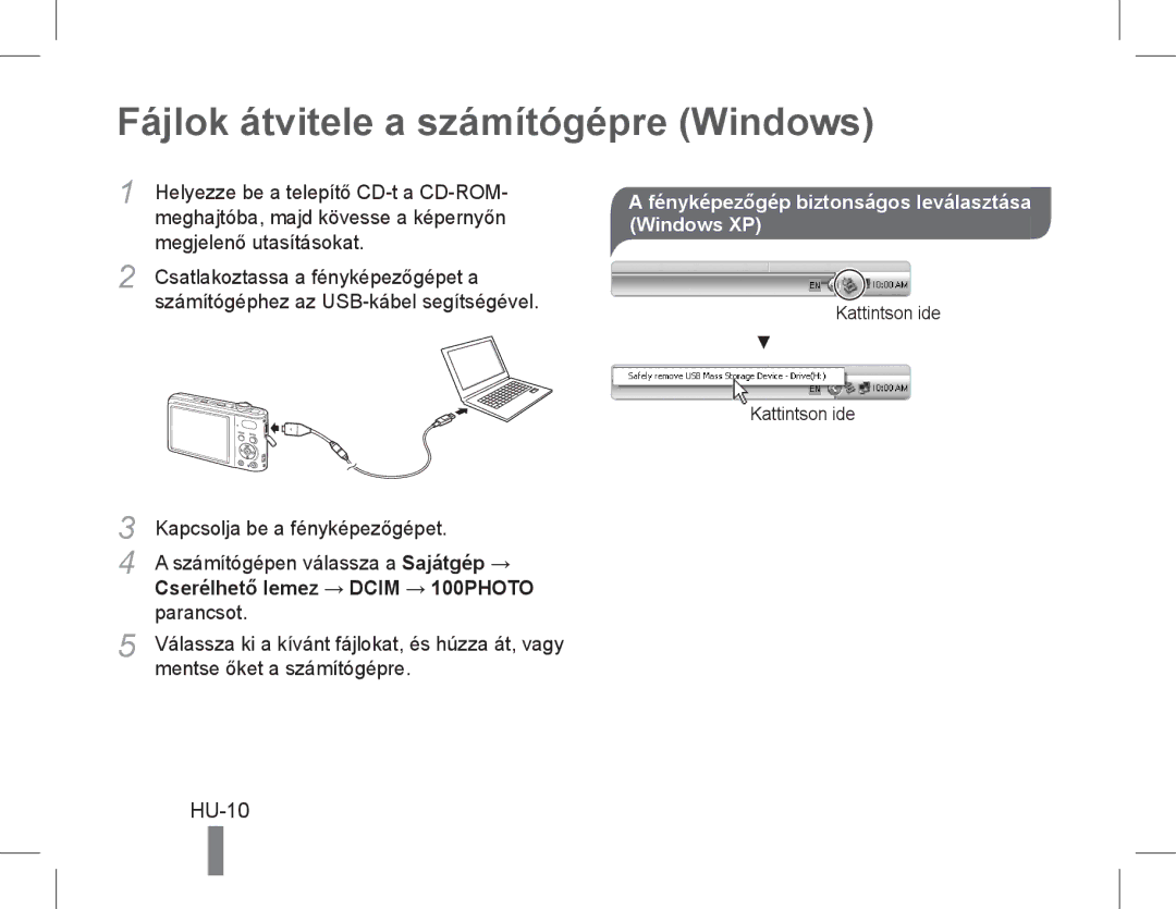 Samsung EC-PL200ZBPBIT Fájlok átvitele a számítógépre Windows, HU-10, Fényképezőgép biztonságos leválasztása Windows XP 