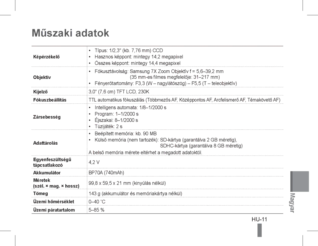 Samsung EC-PL90ZZBAEIT, EC-PL200ZBPRE1, EC-PL90ZZBPRE1, EC-PL90ZZBARE1, EC-PL90ZZBPEE1, EC-PL200ZBPBE1 Műszaki adatok, HU-11 