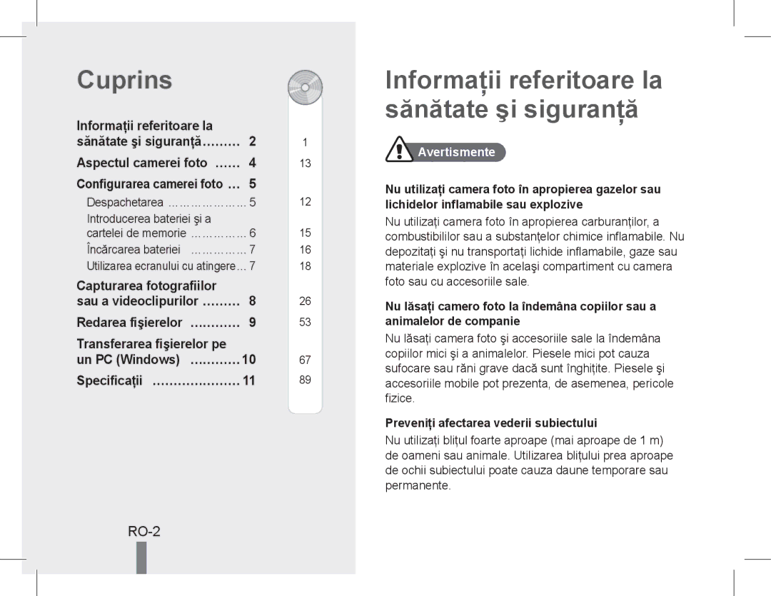 Samsung EC-PL90ZZBAAGB, EC-PL200ZBPRE1, EC-PL90ZZBPRE1 manual Cuprins, Informaţii referitoare la sănătate şi siguranţă, RO-2 