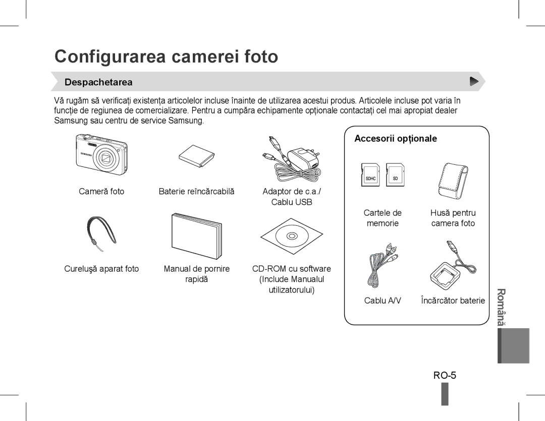 Samsung EC-PL90ZZDPRME, EC-PL200ZBPRE1 manual Configurarea camerei foto, RO-5, Despachetarea, Accesorii opţionale, Rapidă 