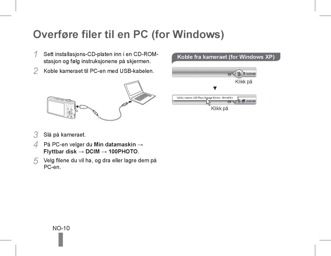 Samsung EC-PL90ZZBPEIL, EC-PL200ZBPRE1 manual Overføre filer til en PC for Windows, NO-10, Koble fra kameraet for Windows XP 