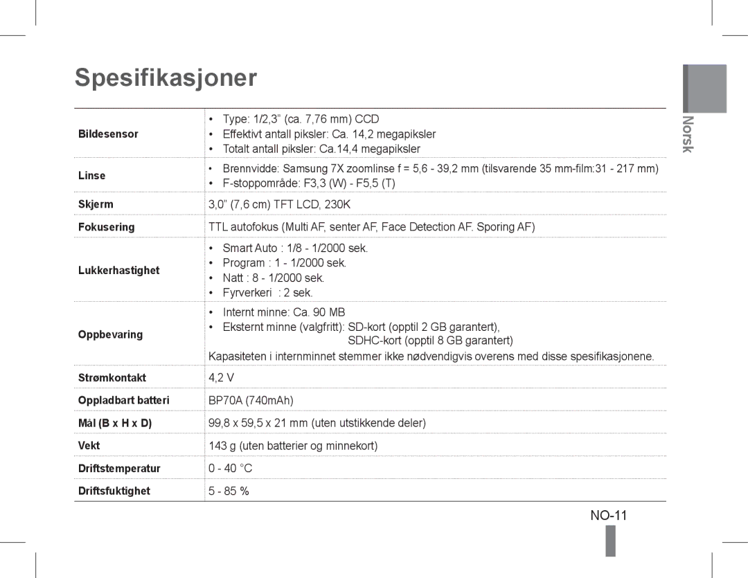 Samsung EC-PL90ZZDARIR, EC-PL200ZBPRE1, EC-PL90ZZBPRE1, EC-PL90ZZBARE1, EC-PL90ZZBPEE1, EC-PL200ZBPBE1 Spesifikasjoner, NO-11 