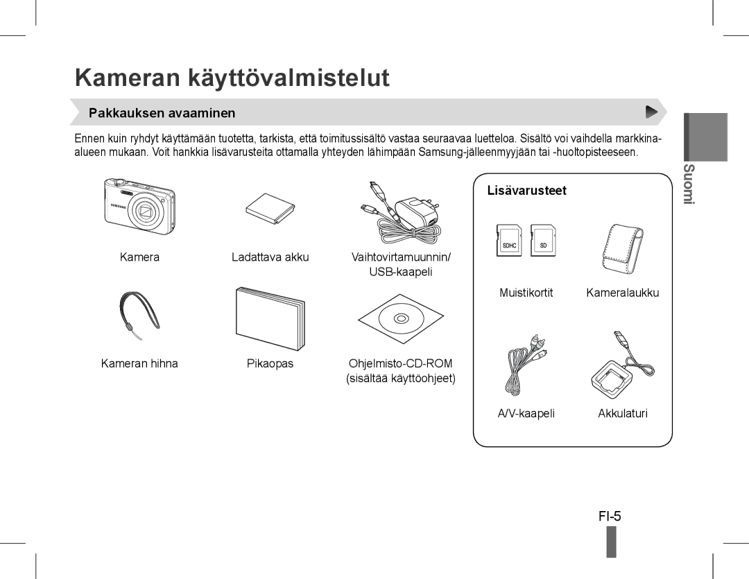 Samsung EC-PL90ZZDPRME, EC-PL200ZBPRE1, EC-PL90ZZBPRE1 Kameran käyttövalmistelut, FI-5, Pakkauksen avaaminen, Lisävarusteet 