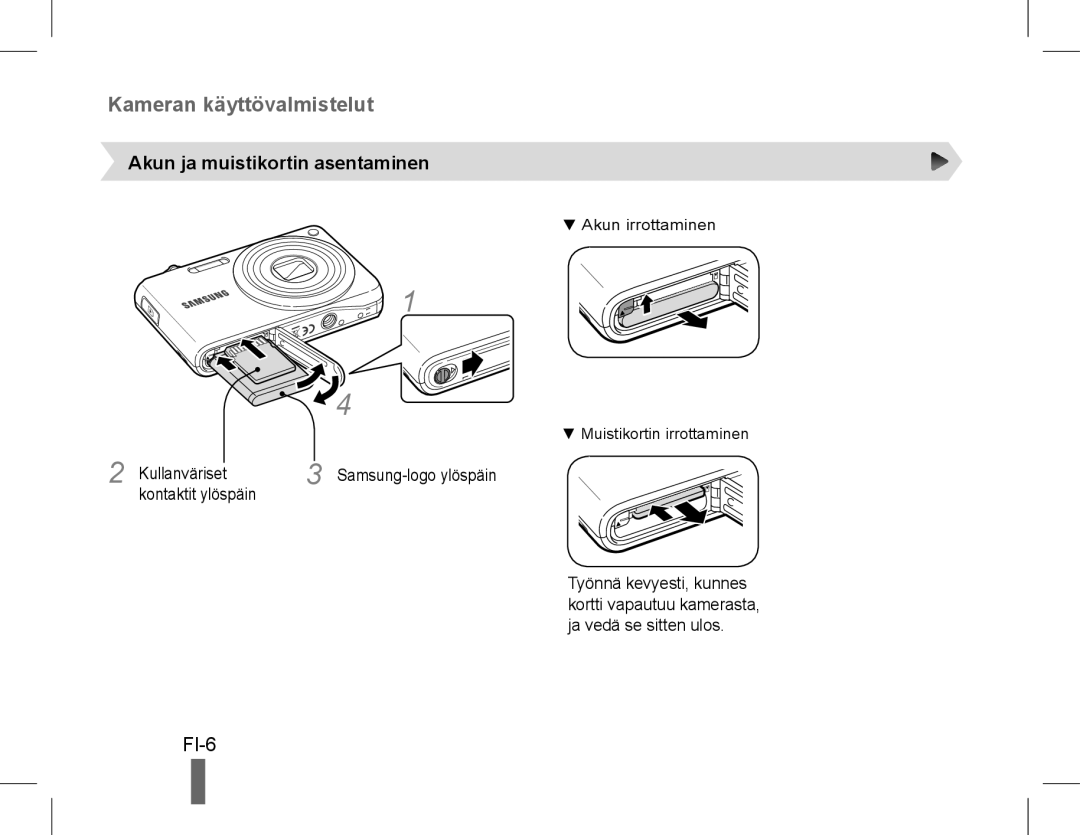 Samsung EC-PL200ZBPRIL, EC-PL200ZBPRE1, EC-PL90ZZBPRE1, EC-PL90ZZBARE1, EC-PL90ZZBPEE1 FI-6, Akun ja muistikortin asentaminen 