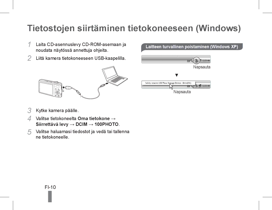 Samsung EC-PL200ZDPRIR Tietostojen siirtäminen tietokoneeseen Windows, FI-10, Laitteen turvallinen poistaminen Windows XP 