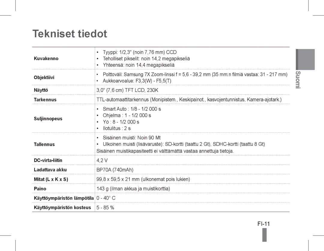 Samsung EC-PL200ZDPRME, EC-PL200ZBPRE1, EC-PL90ZZBPRE1, EC-PL90ZZBARE1, EC-PL90ZZBPEE1, EC-PL200ZBPBE1 Tekniset tiedot, FI-11 