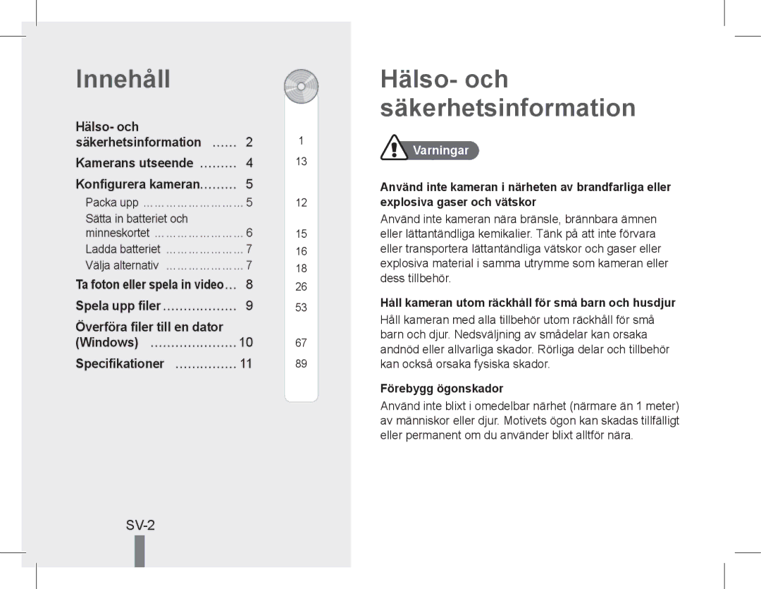 Samsung EC-PL200ZDPSME Innehåll, Hälso- och säkerhetsinformation, SV-2, Kamerans utseende… ……… Konfigurera kameran……… 