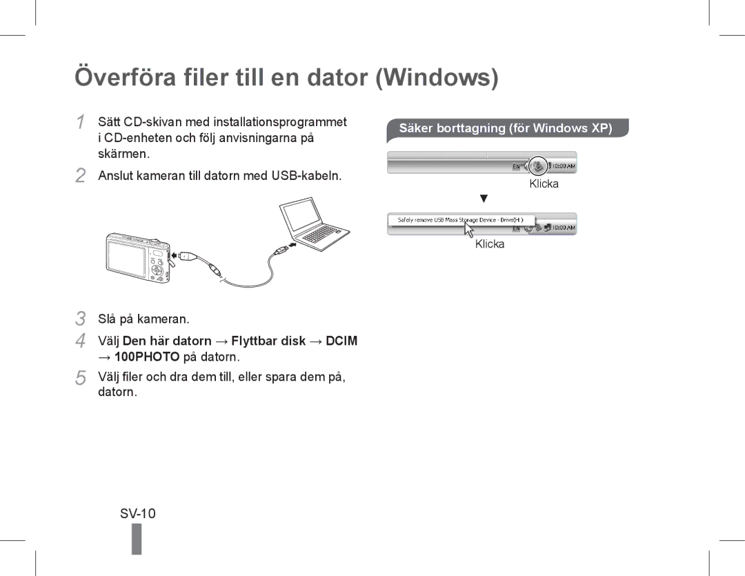 Samsung EC-PL90ZZBPEIL, EC-PL200ZBPRE1 manual Överföra filer till en dator Windows, SV-10, Säker borttagning för Windows XP 