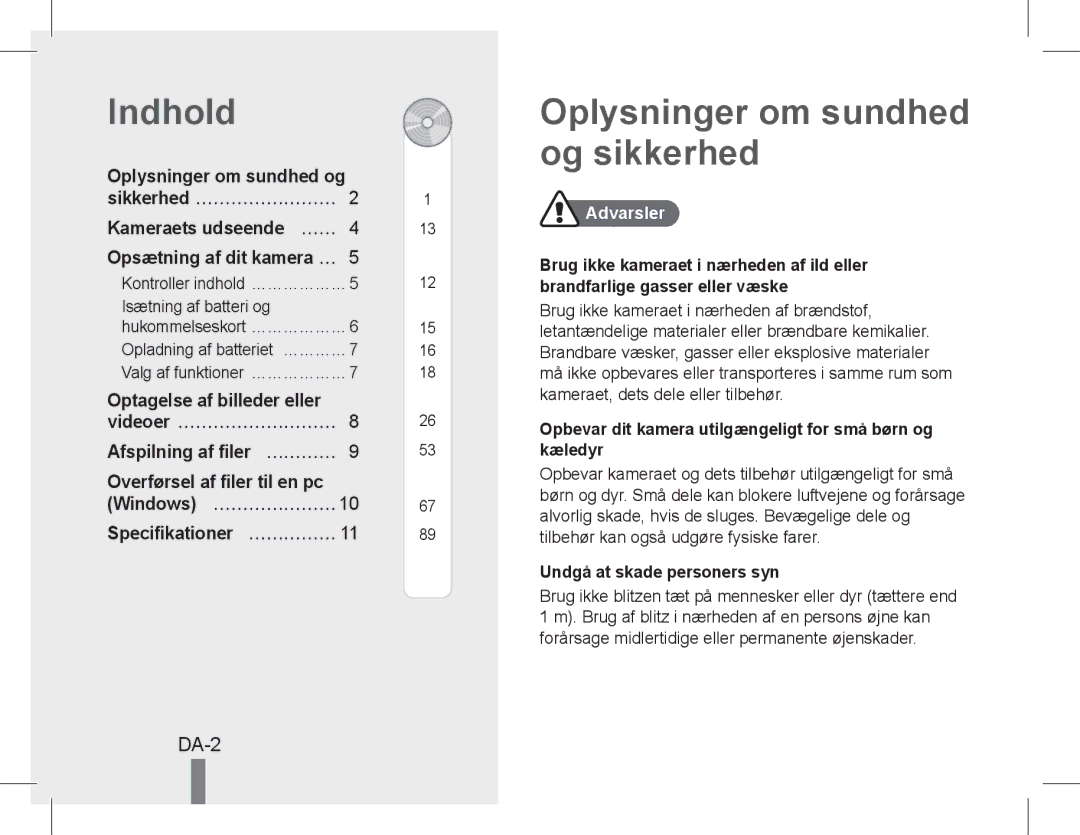 Samsung EC-PL200ZBPBIL, EC-PL200ZBPRE1, EC-PL90ZZBPRE1, EC-PL90ZZBARE1 Indhold, Oplysninger om sundhed og sikkerhed, DA-2 