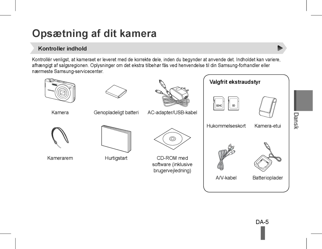 Samsung EC-PL200ZBPSIL, EC-PL200ZBPRE1 manual Opsætning af dit kamera, DA-5, Kontroller indhold, Valgfrit ekstraudstyr 