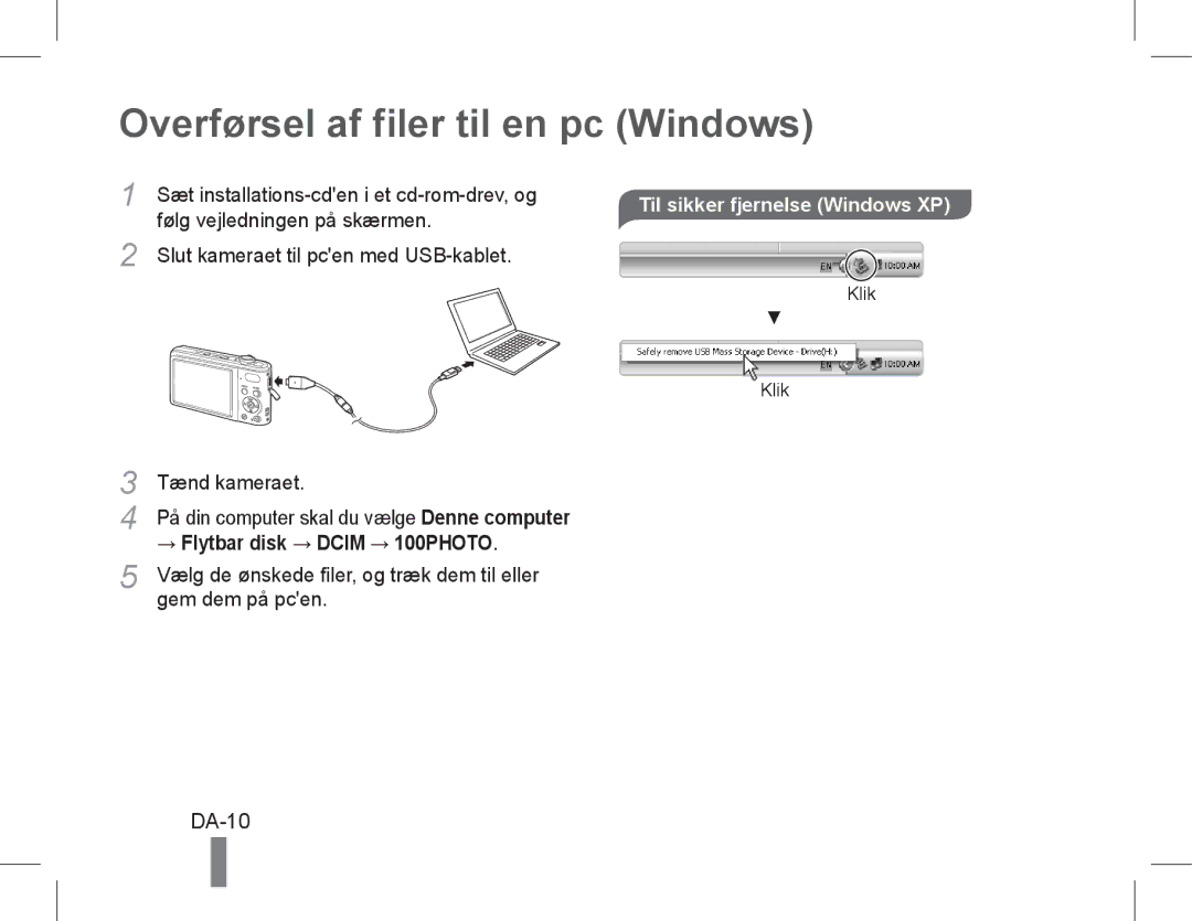 Samsung EC-PL90ZZBPRIL, EC-PL200ZBPRE1 manual Overførsel af filer til en pc Windows, DA-10, Til sikker fjernelse Windows XP 