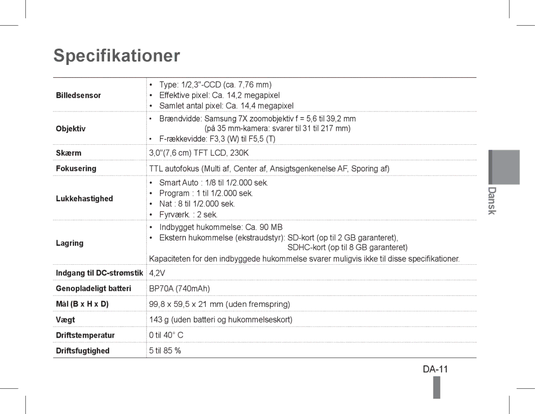 Samsung EC-PL200ZBPBSA, EC-PL200ZBPRE1, EC-PL90ZZBPRE1 manual DA-11, Billedsensor, Skærm Fokusering Lukkehastighed Lagring 